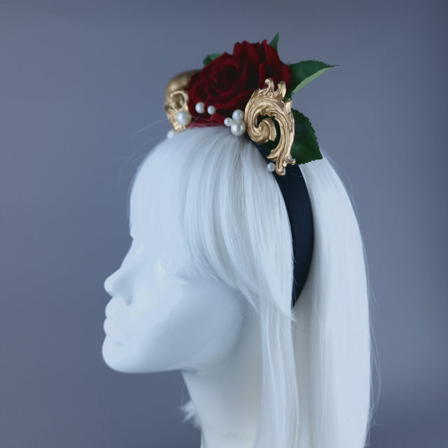 "Erela" Skull, Filigree & Red Rose Headpiece