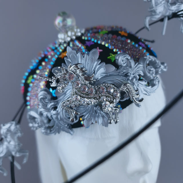 "Cirque Forever" Black, Silver & Colourful Circus Carousel Wired Veil Hat