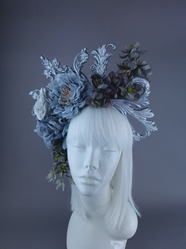 "Isis" Grey & Silver Filigree & Flower Headdress