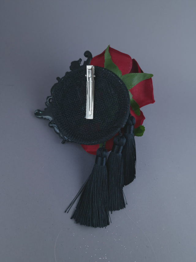 "Lola" Red Rose, Filigree & Tassle Mini Fascinator