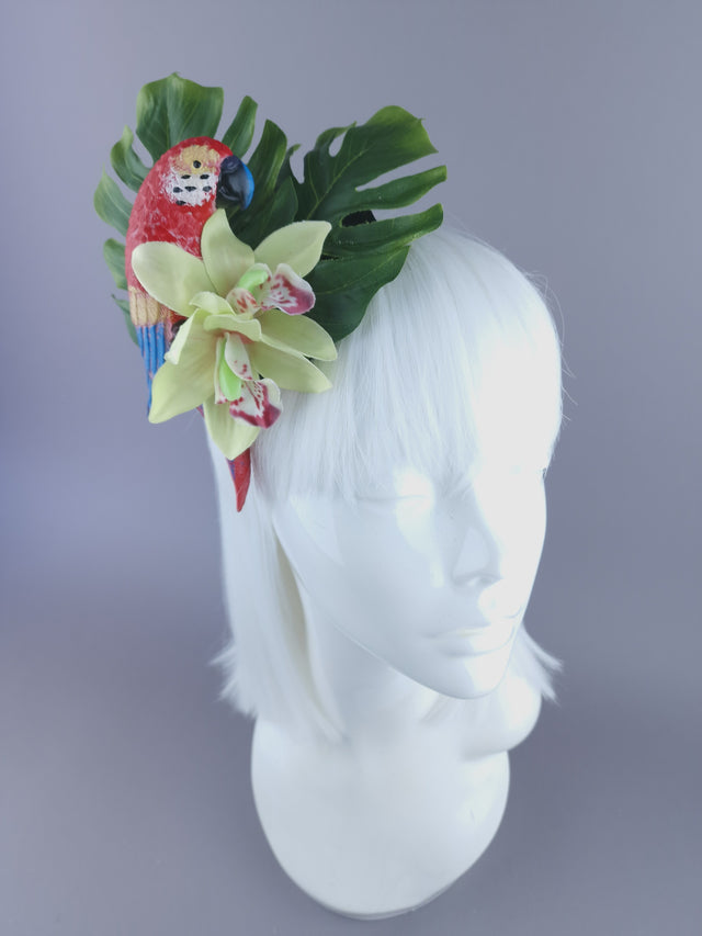 "Tropic" Red Parrot & Orchid Mini Fascinator
