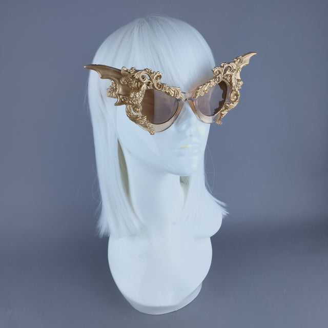 "Bathory" Gold Filigree Ornate Bat Wing & Cherub Sunglasses