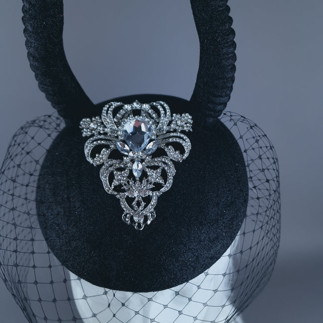 "Cernunnos" Black Glitter Horn & Veil Fascinator Hat