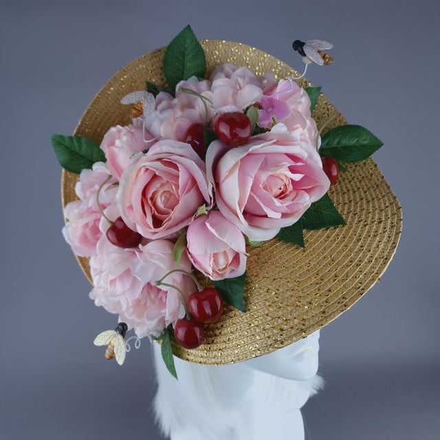 "Daphne" Pink Rose & Cherry Fascinator Hat
