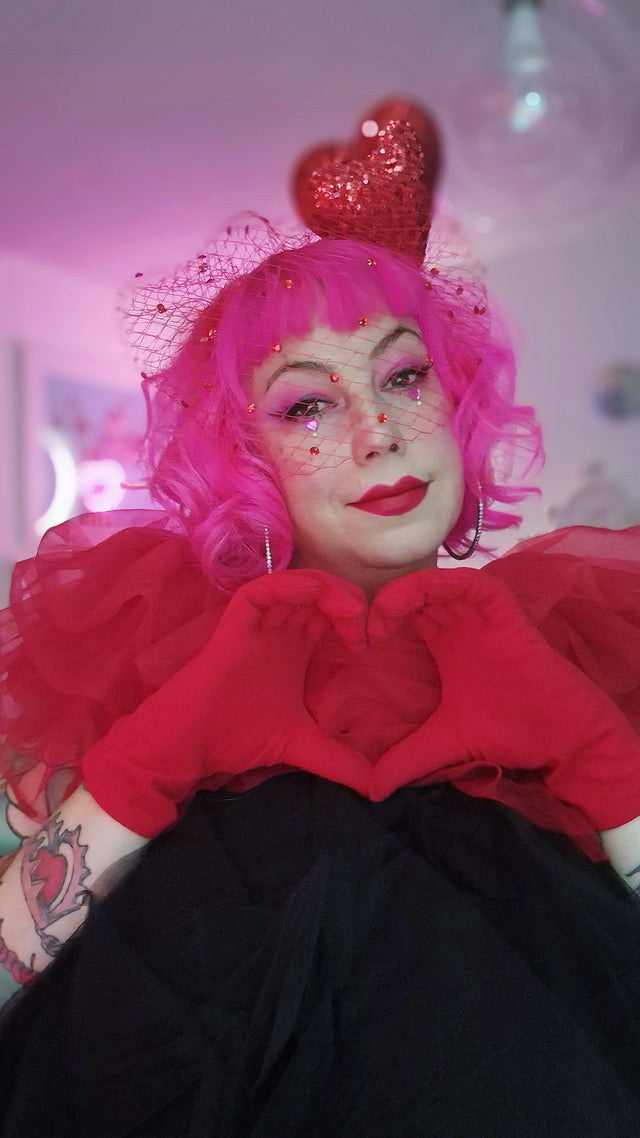 "Diletta" Red Glitter Heart Veil Headdress