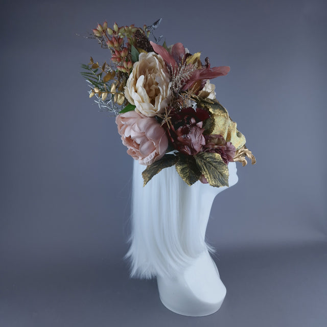 "Asura" Skull & Flower Gold & Brown Fascinator Hat
