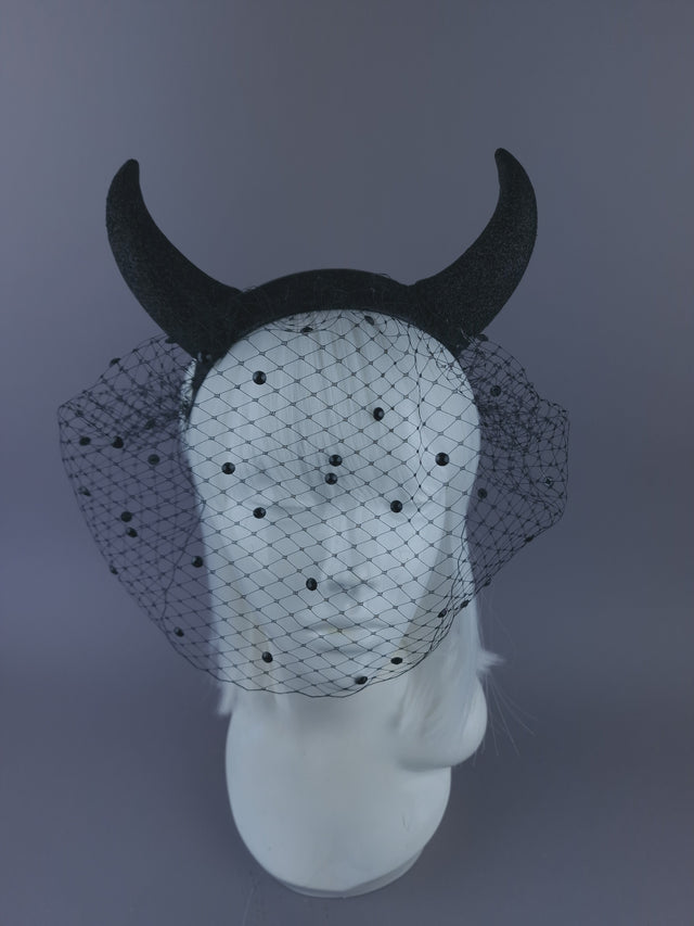 Pearls & Swine: Large Black Glitter Devil Horn Veil Headpiece "Hot Stuff"