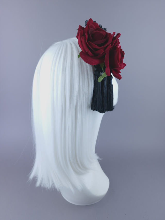 "Lola" Red Rose, Filigree & Tassle Mini Fascinator