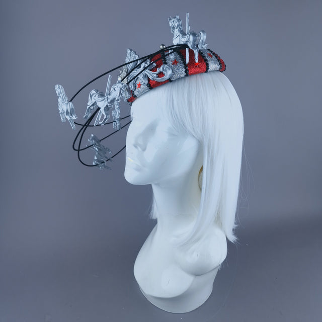"Cirque Forever" Black, Silver & Red Circus Carousel Wired Veil Hat