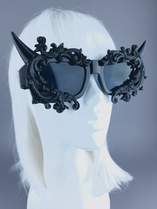 "Superbeast" Unisex Black Filigree Ornate Devil Horn Sunglasses