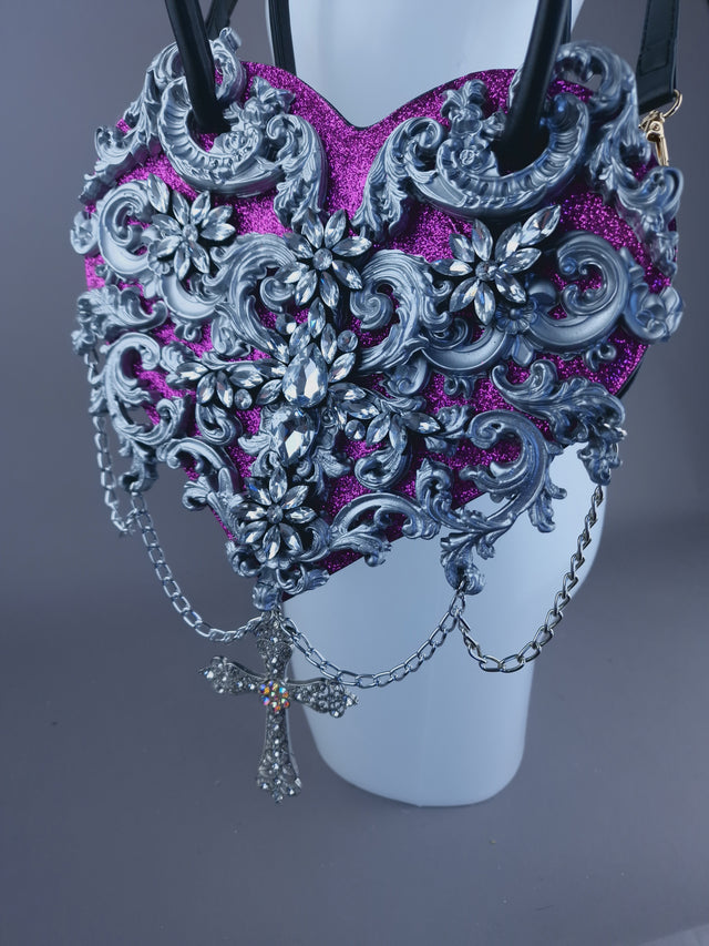 "Beltia" Silver Filigree & Pink Glitter Heart Shaped Handbag