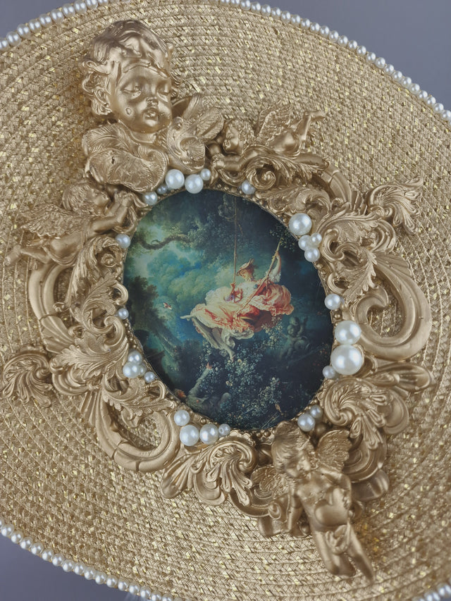 "The Swing" Gold Filigree, Art Print & Pearls Hat