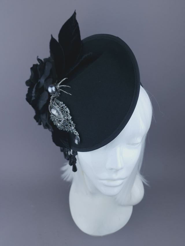 Pearls & Swine: Black Vintage-Inspired Hat with Rose, Spider & Jewel "June"