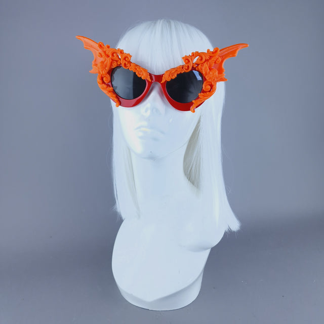 "Bathory" Red & Orange Filigree Ornate Bat Wing & Cherub Sunglasses