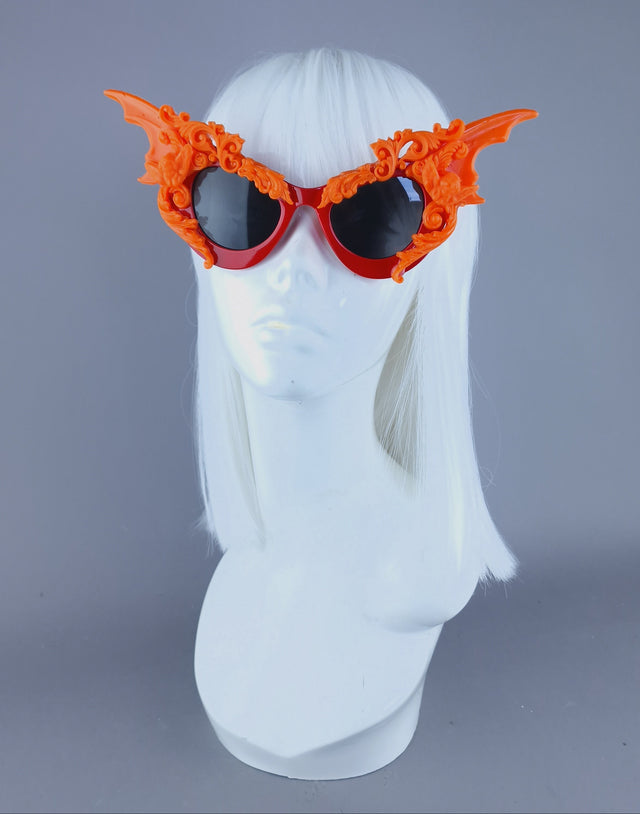 "Bathory" Red & Orange Filigree Ornate Bat Wing & Cherub Sunglasses