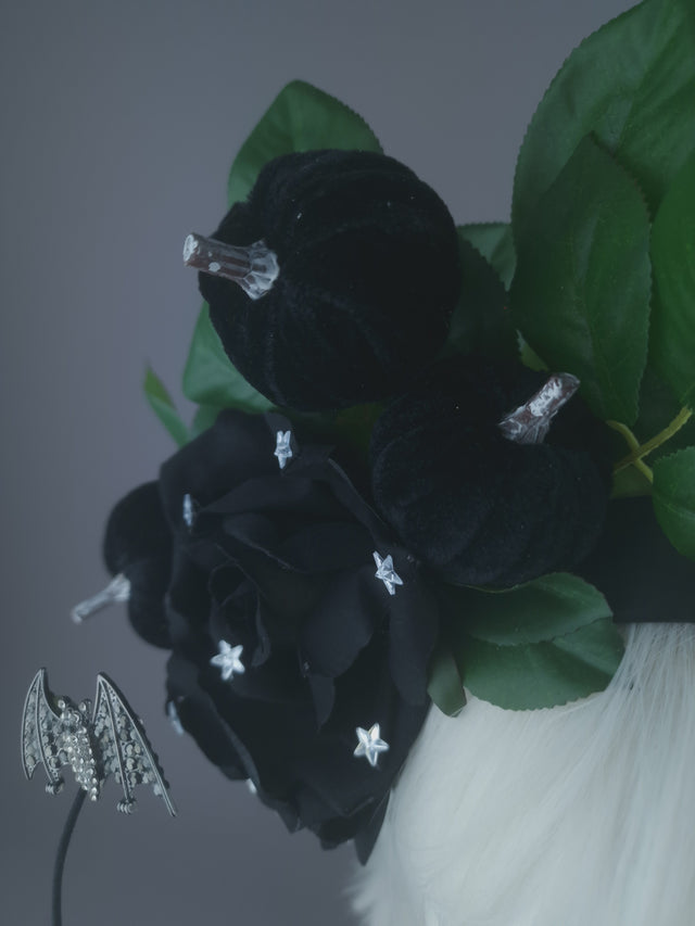 Pearls & Swine: Black Roses & Bat Headband Headpiece "Belfry"