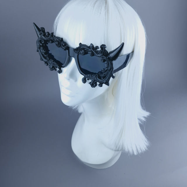 "Superbeast" Unisex Black Filigree Ornate Devil Horn Sunglasses