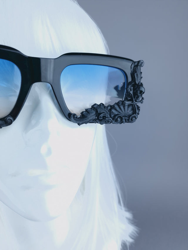 Pearls & Swine: Black Statement Unisex Sunglasses with Filigree & Skull "Poe"
