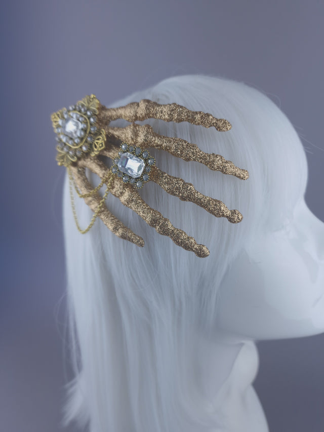 "Dust to Dust" Jewelled Glitter Skeleton Hand Mini Headpiece