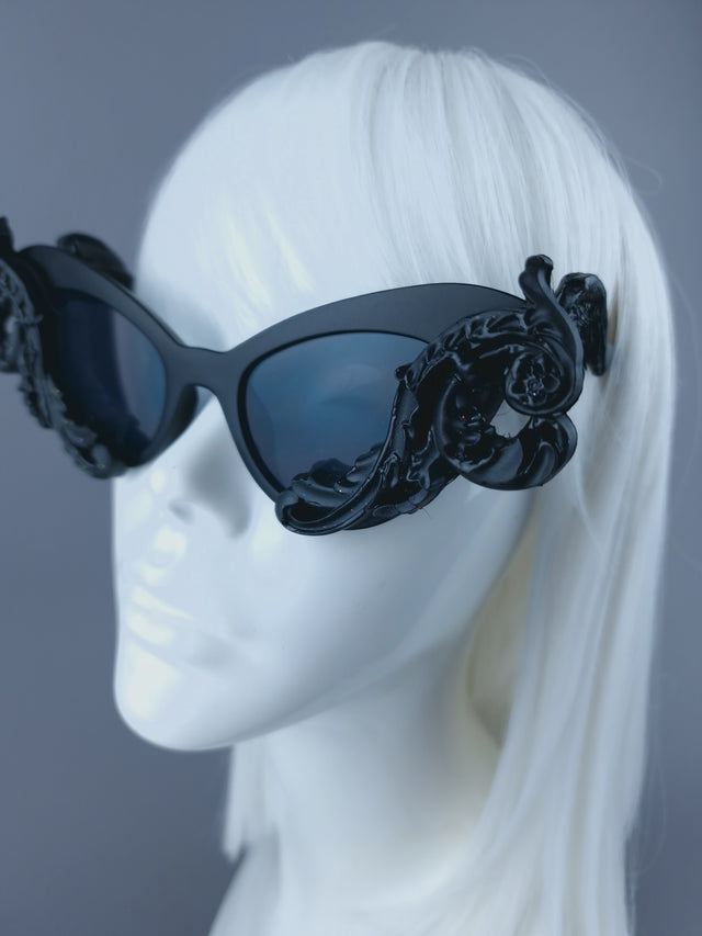 Pearls & Swine: Black Cat Eye Sunglasses with Filigree "Saisha"