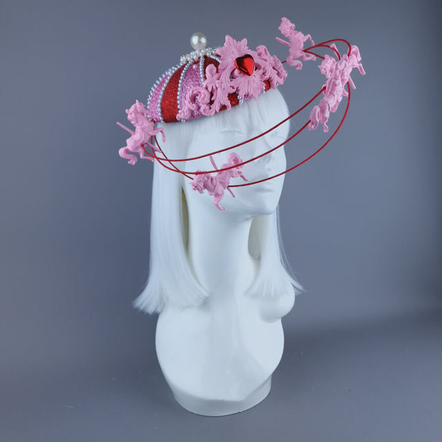 "Cirque Love" Pink, Red & Pearl Circus Carousel Wired Veil Hat