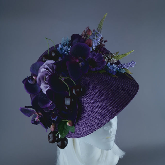"Violet" Purple Orchid, Flowers & Cherry Fascinator Hat