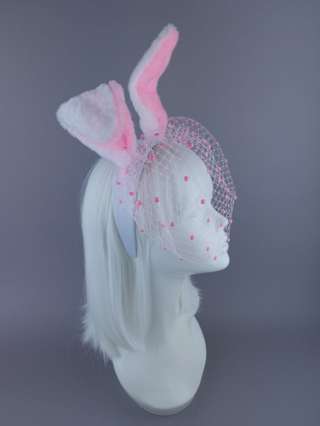 "Flopsy" Pink & White Bunny Ear Veil Headdress