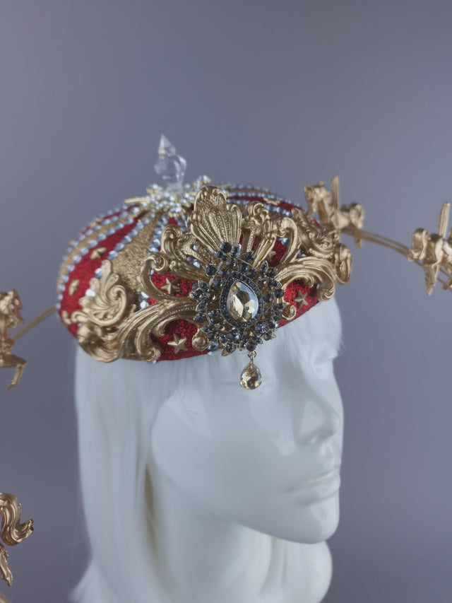 "Cirque Forever" Gold & Red Circus Carousel Wired Veil Hat