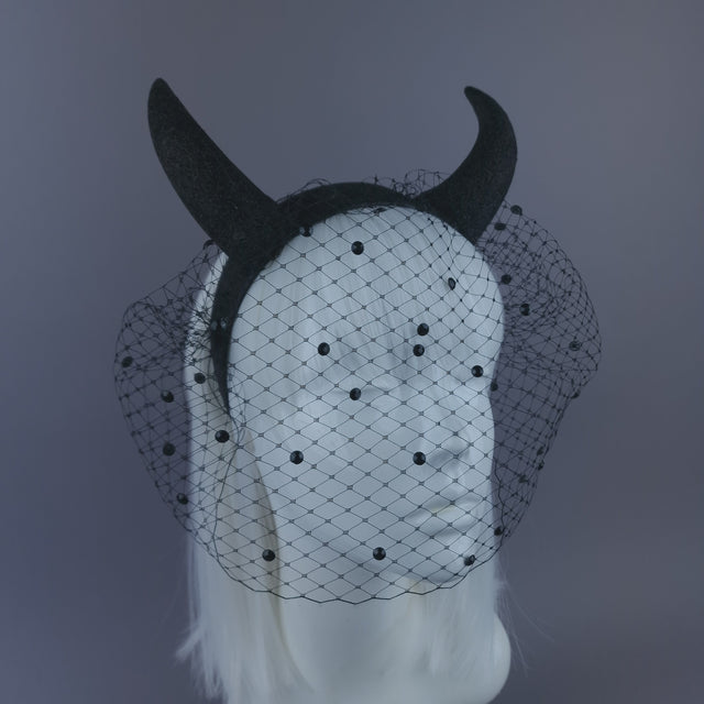 Pearls & Swine: Large Black Glitter Devil Horn Veil Headpiece "Hot Stuff"