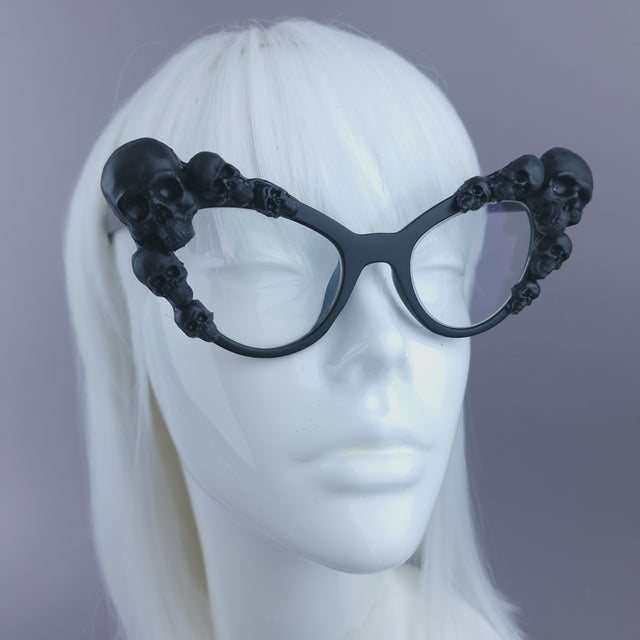 Pearls & Swine: Black Skull Cateye Sunglasses with Clear or Prescription Lenses