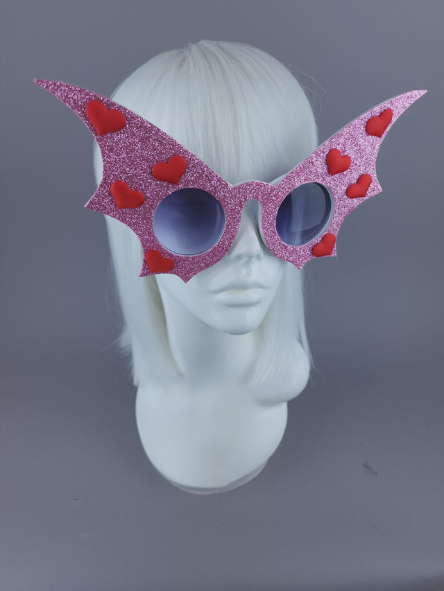 Peaeks & Swine: Pink Glitter & Red Heart Bat Wing Sunglasses "The Night Flier"