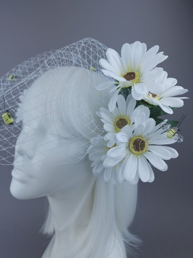 Pearls & Swine Veil Headpiece with White Daisies and Bee detail "Chapel"