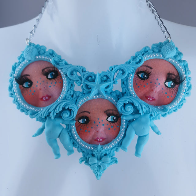 "Triple" Pastel Blue Dollface Filigree & Pearl Neckpiece