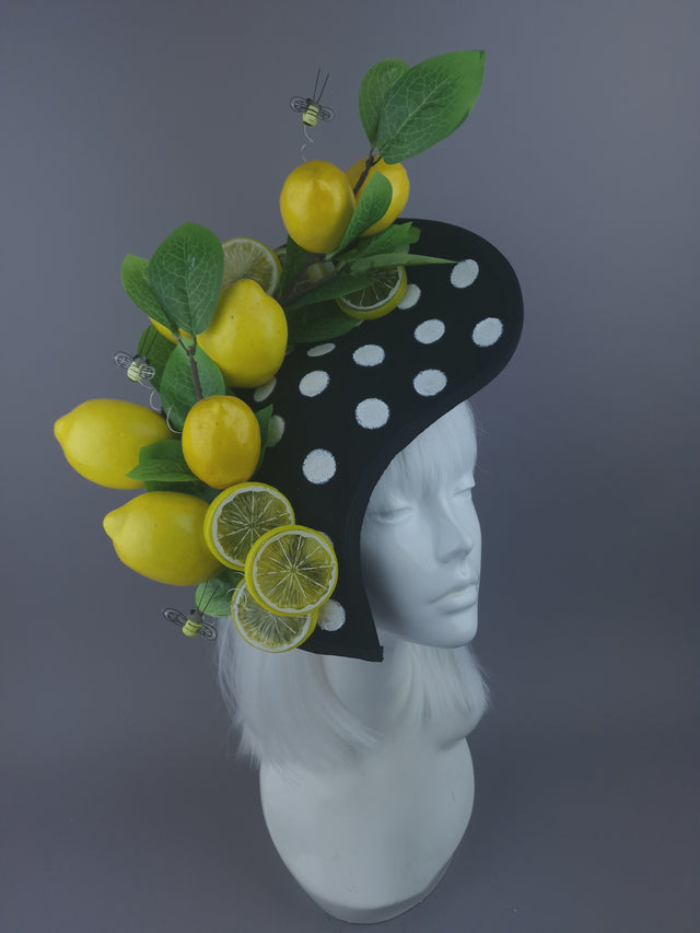 Pearls & Swine: Lemon & Bee Black & White Polka Dot Hat "Sweet & Sour"