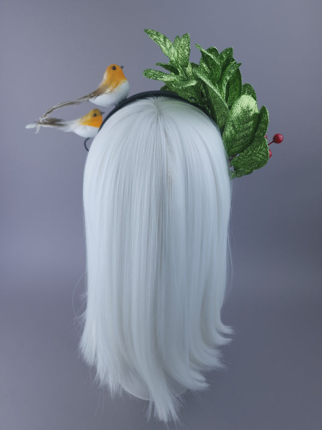 Pearls & Swine: Christmas Headdress with Glittered Leaves, Berries & Robins