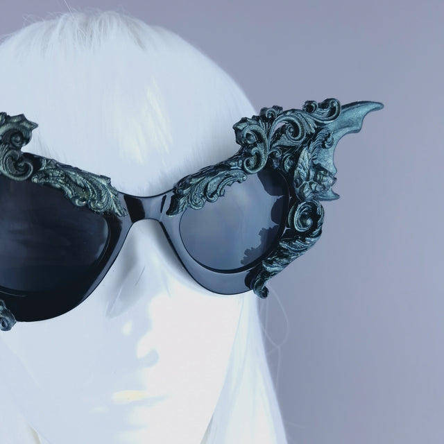 "Bathory" Iridescent Teal Filigree Ornate Bat Wing & Cherub Sunglasses