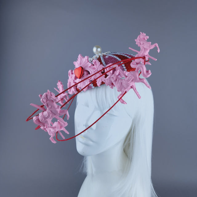 "Cirque Love" Pink, Red & Pearl Circus Carousel Wired Veil Hat