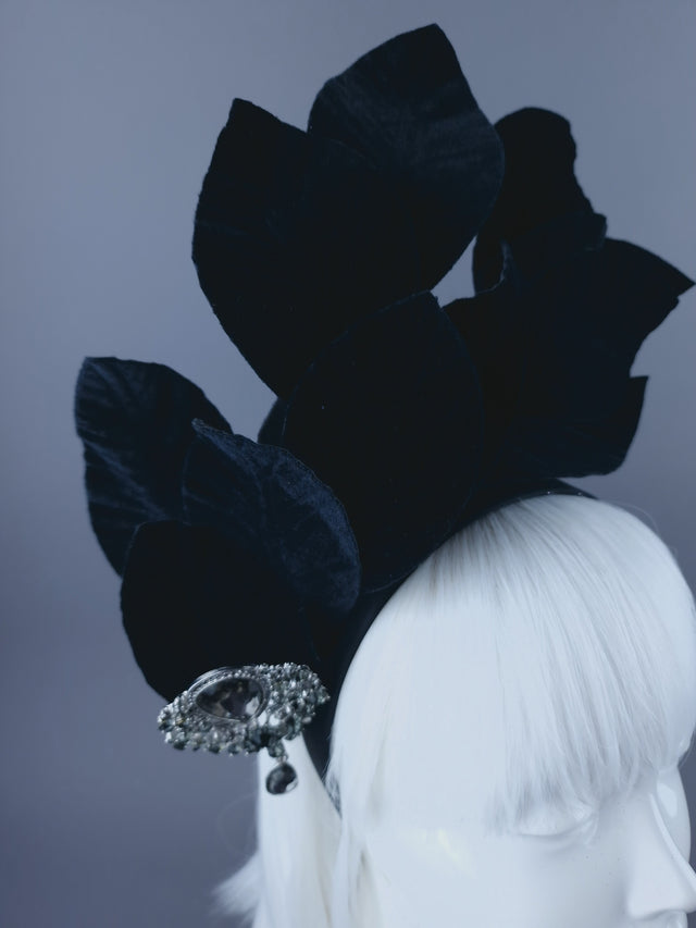 "Cristal" Black Velvet Leaf Headdress with Jewel