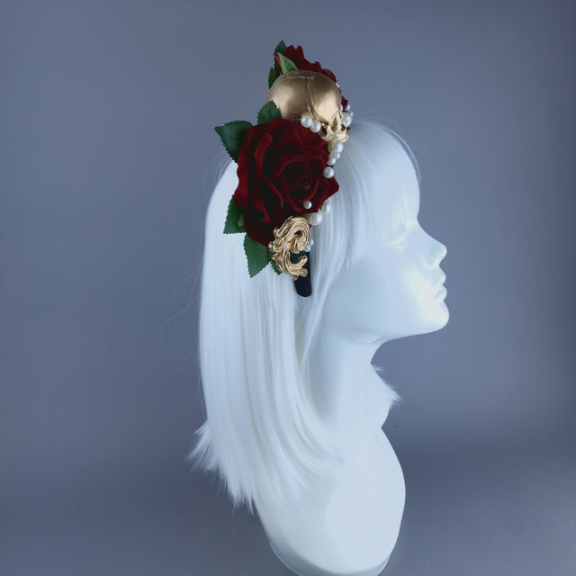 "Erela" Skull, Filigree & Red Rose Headpiece