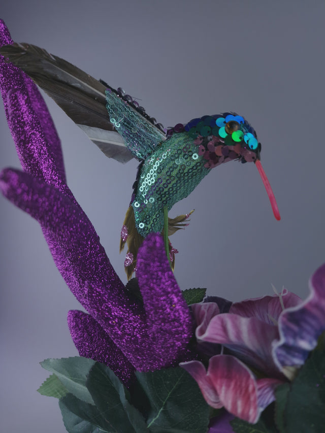 Pearls & Swine: Maximalist Purple/Pink Floral Deet Horn Headdress with Hummingbirds