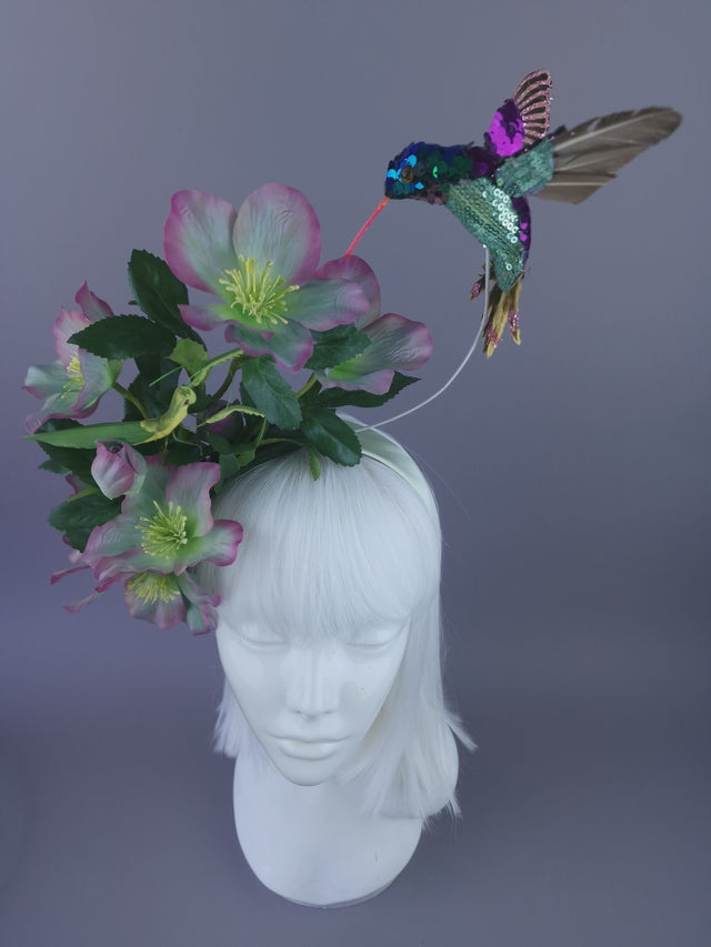 "Picotee" Purple & Green Hellebore Flowers & Hummingbird Headdress