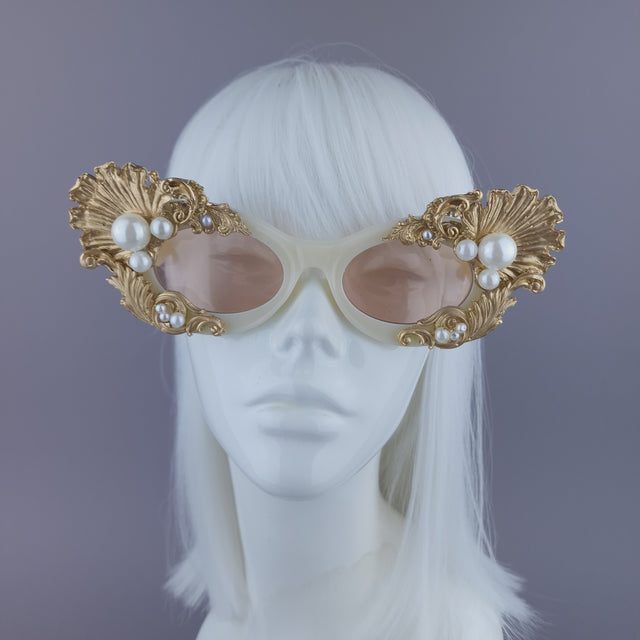 Pearls & Swine: Gold Shell, Filigree & Pearl Sunglasses "Coquillage"
