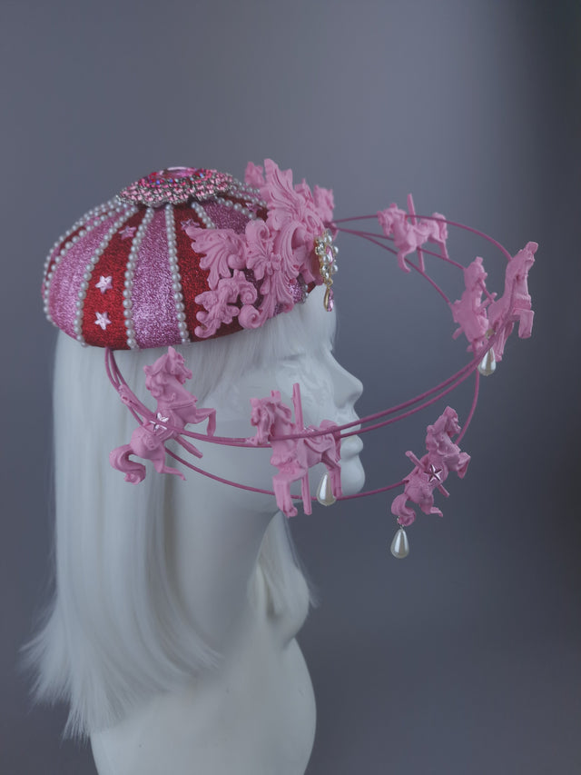 Pearls & Swine: Pink & Red Circus Carousel Wired Veil Hat "Cirque Forever"