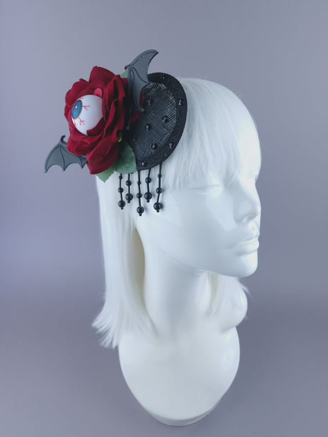 "Demiana" Red Rose, Eyeballs, Bat Wing Mini Fascinator
