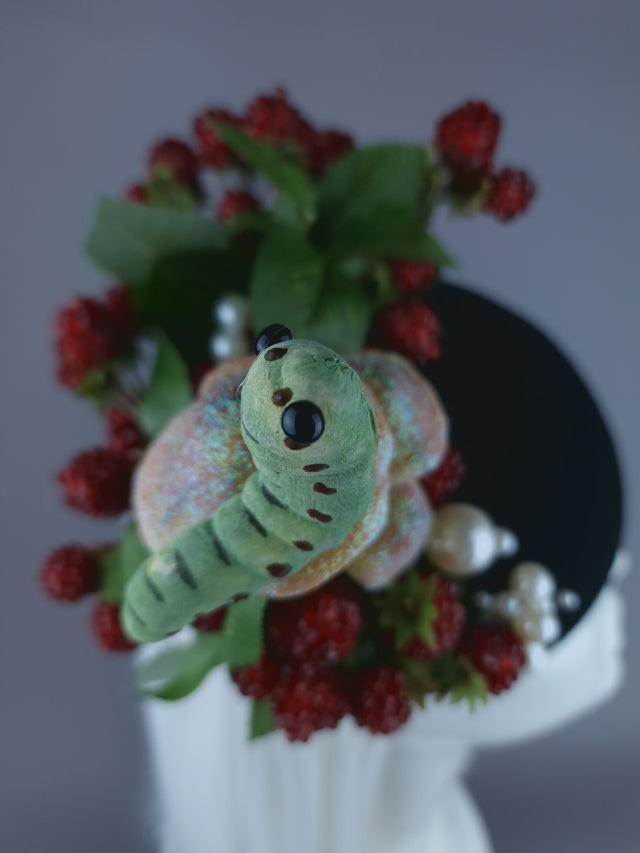"Joy" Raspberries, Pearls, Mushroom & Caterpillar Fascinator Hat