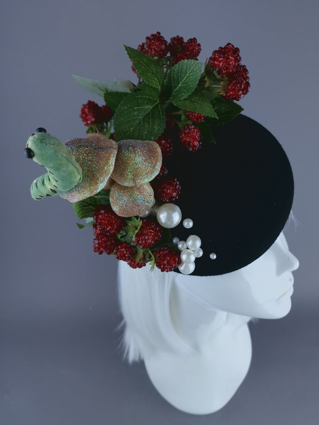 "Joy" Raspberries, Pearls, Mushroom & Caterpillar Fascinator Hat