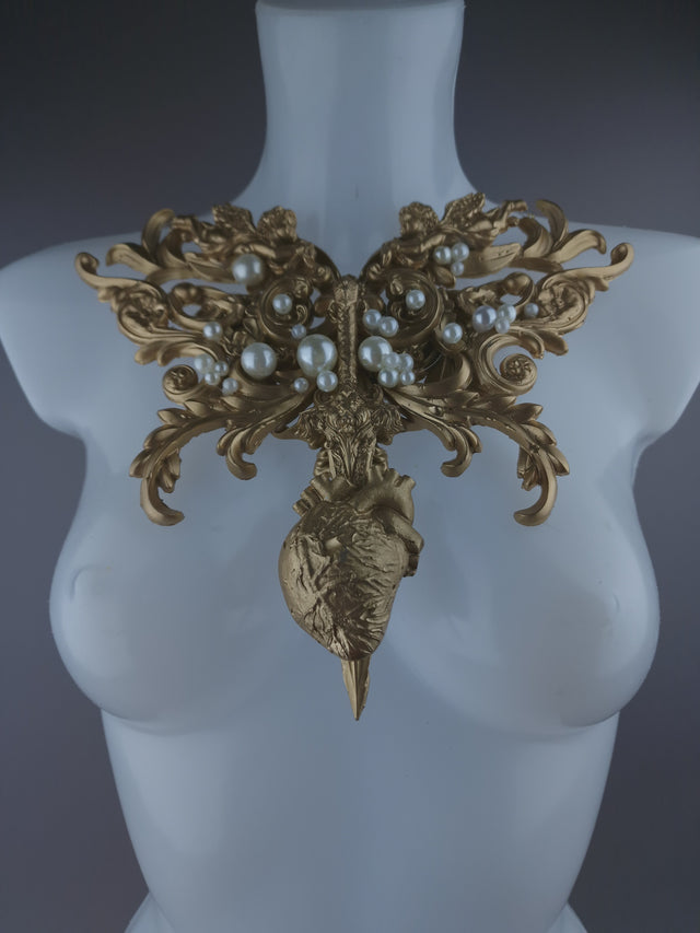 Pearls & Swine: Gold Filigree, Sword, Heart & Pearls Neckpiece "Covenant"