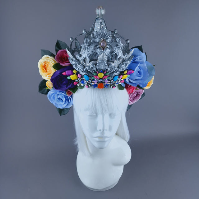 "Marie" Colourful Roses, Jewels & Silver Filigree Crown Headdress