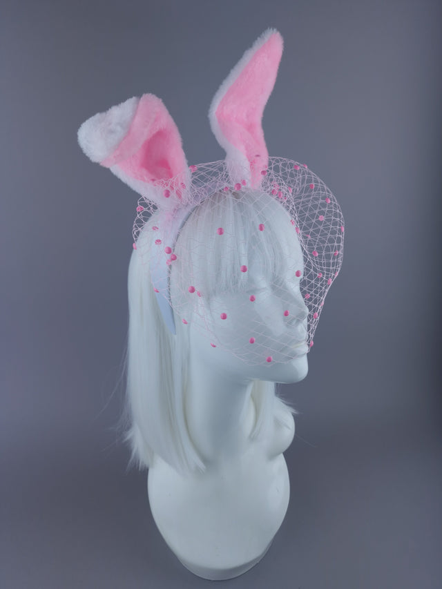 "Flopsy" Pink & White Bunny Ear Veil Headdress