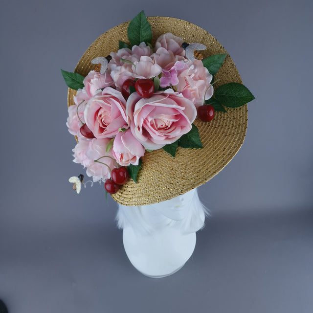 "Daphne" Pink Rose & Cherry Fascinator Hat
